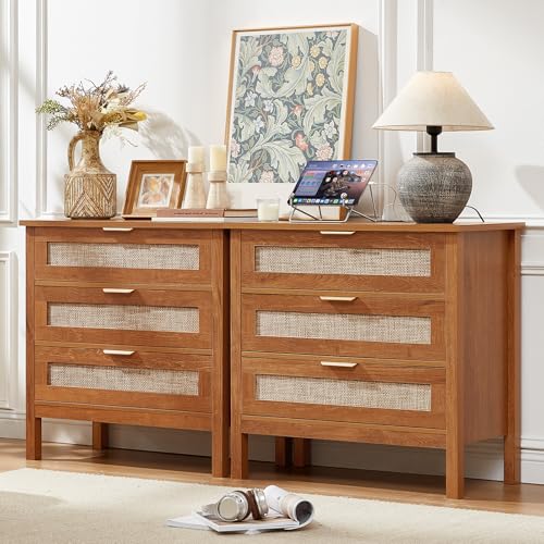 LEYAOYAO 31.5" Wide Rattan Nightstands Set of 2 with Charger Station, Large Boho 3 Drawer Night Stand, Teac Brown Bedside Table with Storage, Bed Side End Tables for Bedroom, Living Room, Ha