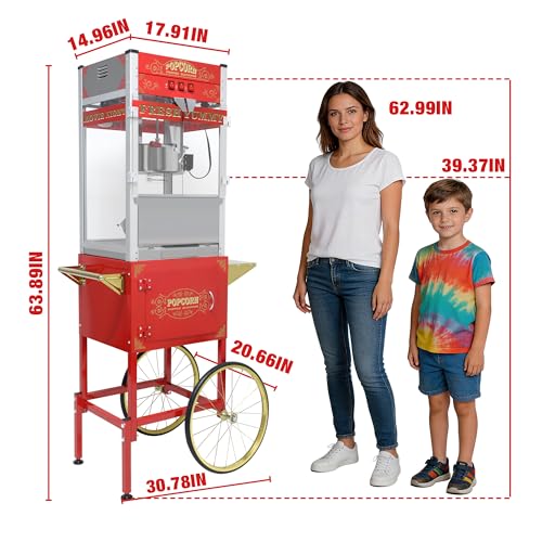 Image of 20 Oz Commercial Popcorn Machine with Cart (Red) - High Volume Popcorn Maker - Vintage Movie Theater Style Popper with Storage, Stainless Steel Serving Supplies for Business Use