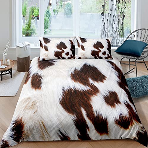 White Brown Cowhide Fur Print Duvet Cover Double Size,Cow Skin Pattern Bedding Set for Kids Teens Adults Bedroom with 2 Pillowcases Soft Microfiber Comforter Set Farmhouse Rustic Style Quilt Cover
