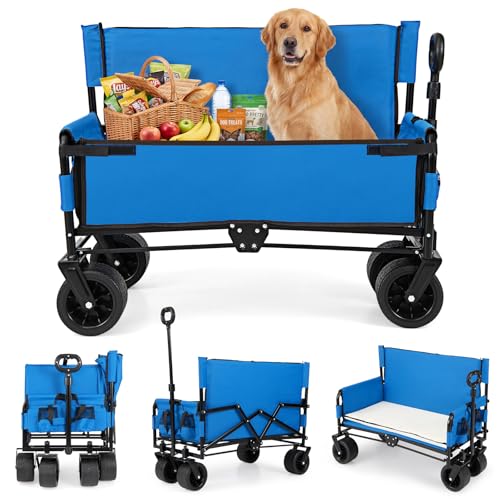COSTWAY 2 en 1 Banco y Carro Plegable con Ruedas Grandes, Carro Playa, Jardín con Asa Ajustable, Cojines y Ruedas, para Transporte, Camping, Playa y Compras, Carga 80kg, 96x59x75 106 cm (Azul)