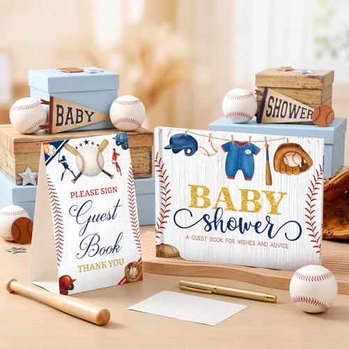Image of Fuyoooo 27 Pcs Baseball Baby Shower Guest Book Set Baby Shower Sign in Guest a Little Slugger is on the Way Book Place Table Cards with Gold Pen Adhesive Photo Corner for Birthday Party
