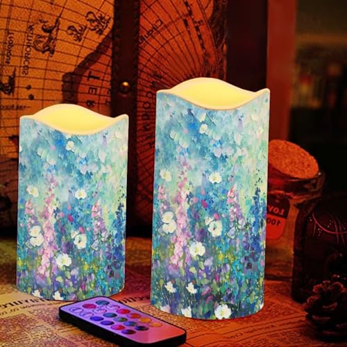Image of Blue Floral Plastic Flameless Candles with Remote Control and Timer LED Flickering Battery Operated Color Changing Electric Pillar Candles for Table Weddings Gifts Home Decoration