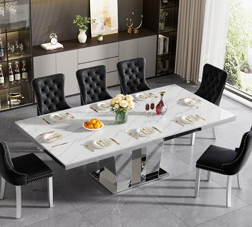 Image of 94.5 inch Rectangular Dining Table for 6 8 10, Modern White Extendable Kitchen Table, Large Long Dining Room Table with Mirrored Pedestal for Dining Kitchen Living Room