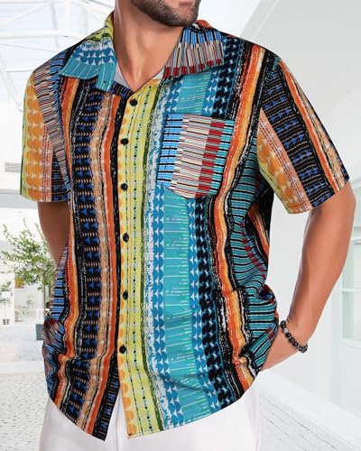 Image of Men Hawaiian Shirt Short Sleeve Summer Beach Button Down Shirts with Pocket
