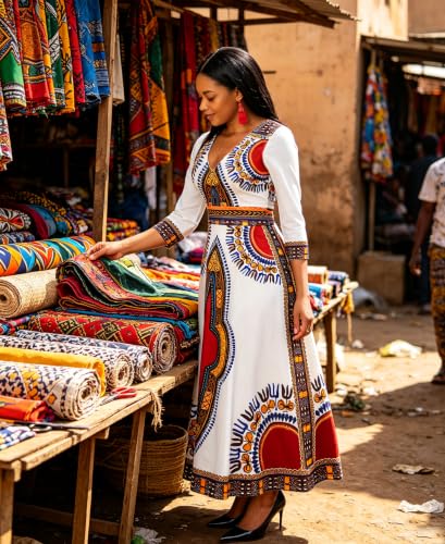 Image of VisiChenup African Print Dress for Women Casual Midi Dress