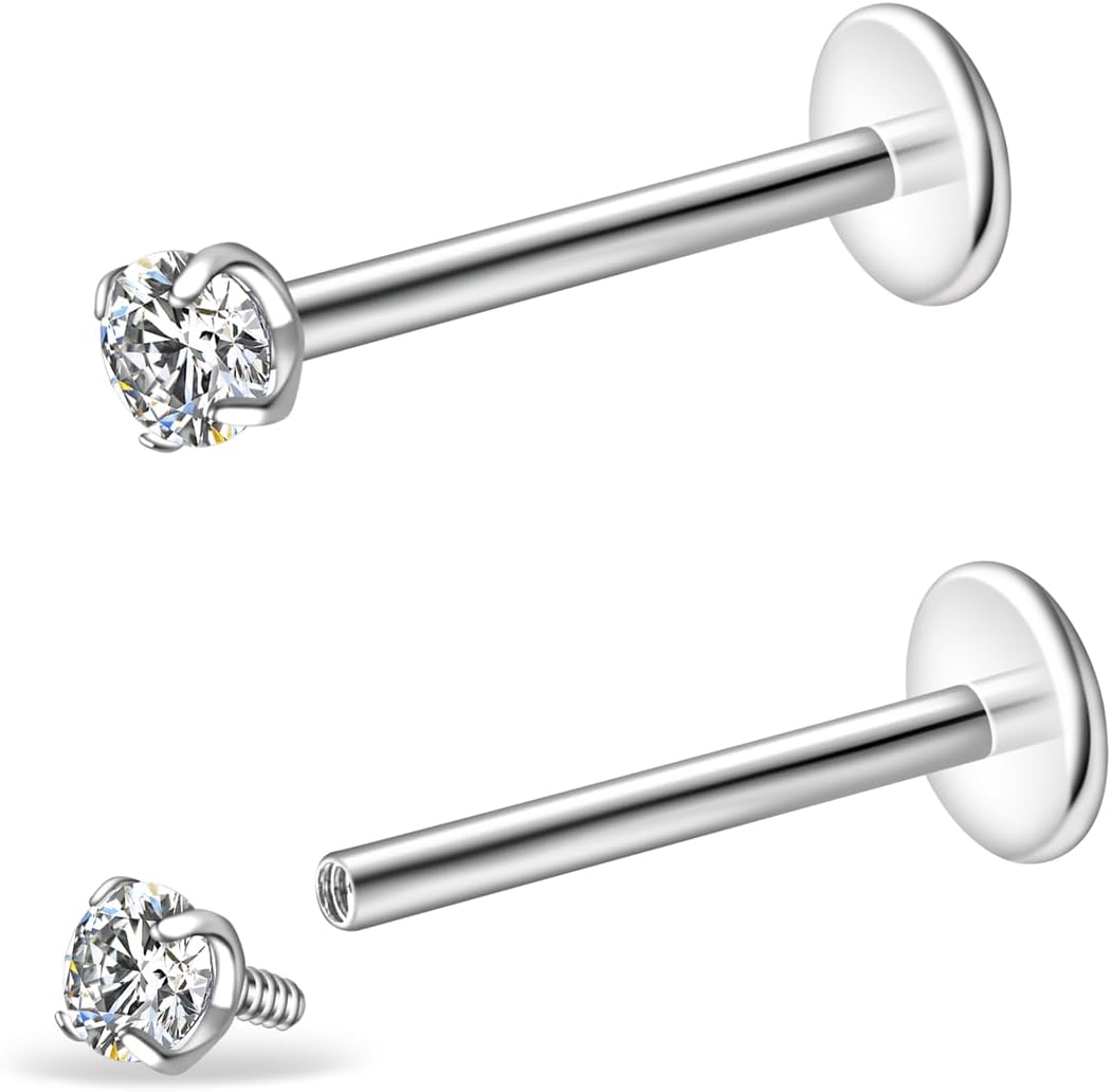 Moissanite Lip Stud for Women - 1 Pcs 16G/18G Titanium Alloy Lip Ring Studs Internal Threaded Piercing Helix Jewelry