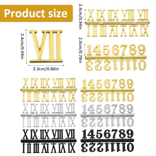 Apojgitn 6 Sets Selbstklebende Uhrzahlen Ziffern für Wanduhren Ersatz Arabische und Römische Ziffern Uhrenzahlen-Set Schwarz, Gold, Silber