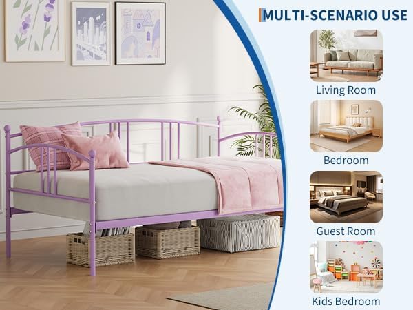 Image of Garvee Twin Metal Daybed, Metal Sofa Bed Frame with Arched Headboard, Guest Sofa Bed with Steel Slat Support, No Box Spring Required, Easy Assembly, Purple