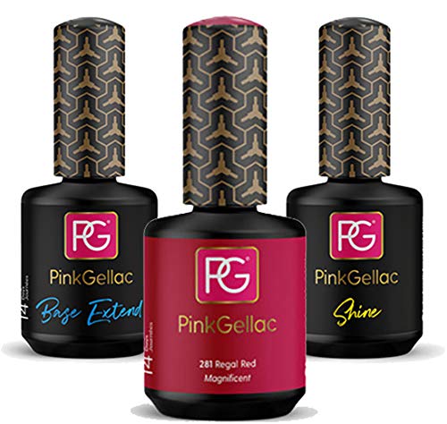 PINK GELLAC Shellac Gel Nagellack 3 x 15 ml für UV LED Lampe | 281 Regal Red Rot 15 ml + Base Coat Extend 15 ml + Top…