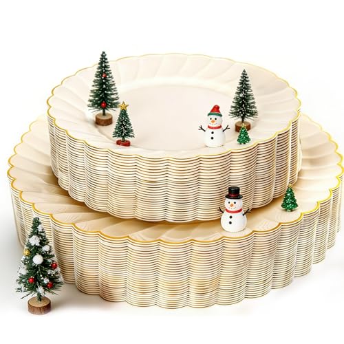 YOUBET 60PCS Ivory Scalloped Plastic Plates - Hard Craem and Gold Fancy Disposable Plates include 30 Gold Dinner Plate, 30 Dessert Plate for Party, Wedding YOUBET 60PCS Ivory Scalloped Plastic Plates - Hard Craem and Gold Fancy Disposable Plates include 30 Gold Dinner Plate, 30 Dessert Plate for Party, Wedding