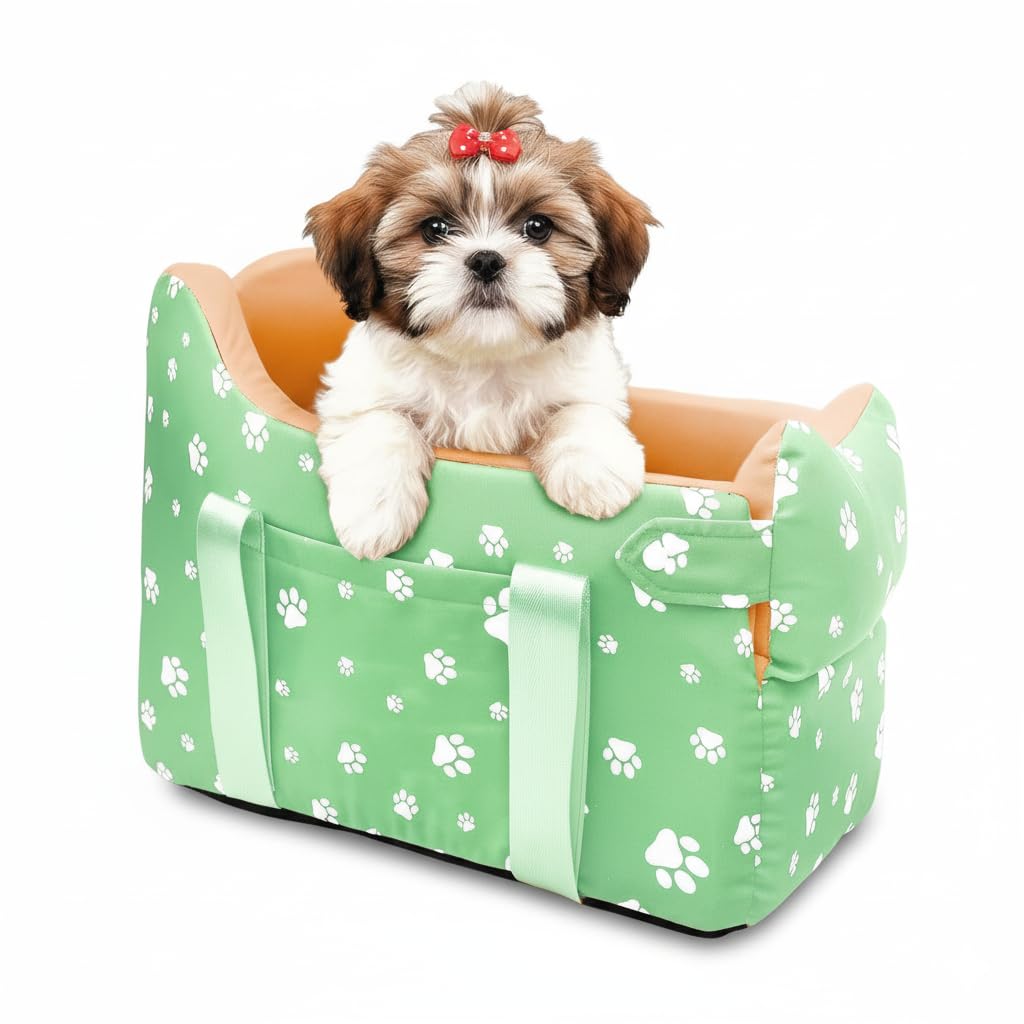 Cullaby Dog Center Console Car Seat for Small Dogs Under 15lbs,Detachable Washable Booster Pet Car Seat Travel Bed with Storage Pockets and Seat Belt(Green)