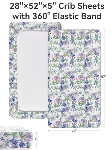 Image of TILLYOU Muslin Crib Sheets for Boys and Girls 2 Pack, Neutral Soft Cotton Baby Crib Mattress Protector, for 52x 28 Toddler Bed, Rainforest Elephant & Grey