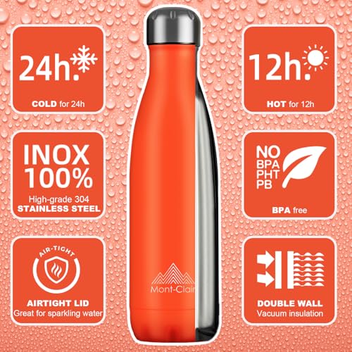 Image of Mont-Clair Stainless Steel Water Bottle, Vacuum insulated - BPA Free, 12h Hot & 24h Cold Drinks, Metal Water Bottle 34 oz Leakproof, Ideal for Adult, Kids, Running - Orange