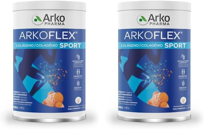 Arkopharma Arkoflex Colágeno Sport, Colágeno Hidrolizado, Sabor Naranja, Bote 390 gr, Articulaciones, Huesos y Músculos, Ácido hialurónico, Magnesio, Manganeso, Cúrcuma y Vitaminas (Paquete de 2)