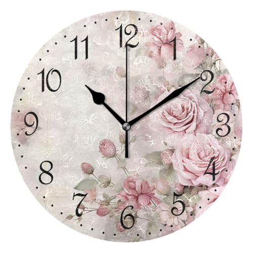 ALAZA Wall Clock Vintage Pink Roses Silent Non-Ticking Decorative Wall