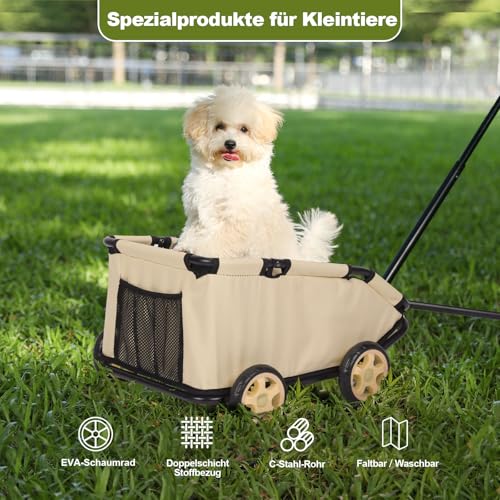 Mini-Hundewagen für Mini-Haustiere, faltbarer multifunktionaler Einkaufswagen mit ausziehbarem Ziehgriff, Doggie Wagon eingebautem Kissen und Sicherheitsseil mit Aufbewahrungstasche (Khaki)