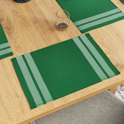 Image of Encasa XO Dining Table Mats Set of 6, Ribbed Cotton Table Mat 46x32 cm | Handmade Heat Resistance Table Placemats, Non Slip, Washable & Durable Place Mat for Centre Table, Living Room Ladder Dk Green