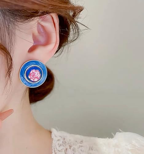 Blue Enamel Clip On Earrings 14K Gold Plated Cute Small Double Round Hoop Fake Earrings, Lightweight Flower Earrings Without Piercing For Women Girls Trendy #TOP1