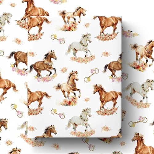 Horse Wrapping Paper Roll - 17inch x 16.5ft Floral Equestrian Gift Wrap for Horse Lovers Pink Glossy Coated Paper Farmhouse Style Wrapping Paper for Birthday Mothers Day Holiday Party Gifts