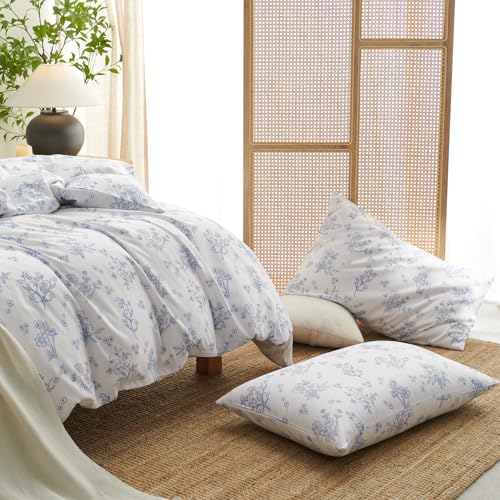 Image of Nayoroom Blue Floral Duvet Cover Full Size Cottagecore Flower Leaf Spring Comforter Cover 3 Pcs Soft Breathable Microfiber Pastoral Aesthetic Bedding Set with Zipper Closure