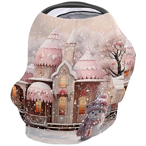 Nursing Cover for Breastfeeding Scarf, Merry Christmas Cartoon Pink House Snowman Baby Car Covers Super Soft Multi Use for Canopy Shopping Cart Cover Blanket Stroller Cover