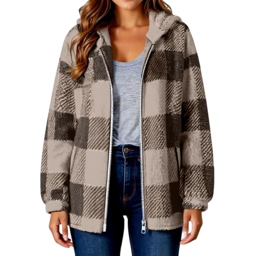 Gumipy Fleece Jacket Women Plaid Zip Up Hoodie Trendy Checkered Sherpa Jacket Fuzzy Winter Coats Long Sleeve Womens Jackets2