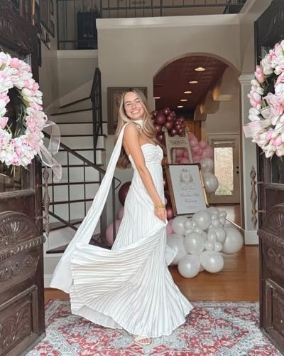 Women's Strapless Chiffon Bridesmaid Dresses with Scarf Long A-Line Pleated Formal Evening Dress WO0964