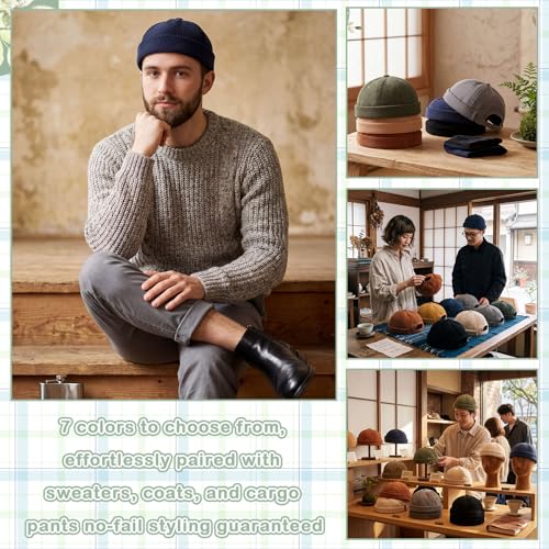 Image of Vabean 12 Pieces Brimless Hat Docker Cap Adjustable Skull Caps for Men Women Rolled Cuff Brimless Beanie Hat, Assorted Color