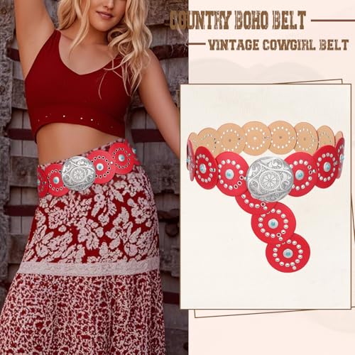 Image of XZQTIVE Western PU Leather Belts for Woman Concho Cowgirl Cowboy Disc Belt for Ladies Wide Boho Country Waist Belts for Dress