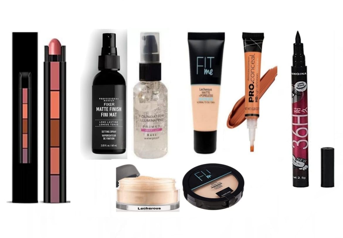 Lecherous Beauty 8 In1Combo Kit-Foundation, Primer, Liquid Concealer, Loose Powder, Compact Powder, 5 in 1Lipstick, 36H Eyeliner & Makeup Fixer (Setting Spray) - Ideal for Face Makeup -Complete Makeup