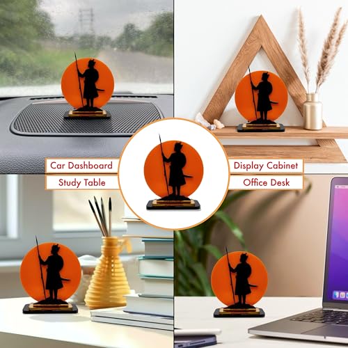 Image of Maharana Pratap Singh Acrylic Showpiece | Rajput Warrior Silhouette with Saffron Sun Background | Car, Home, Office & Gift Decoration, 4 Inch