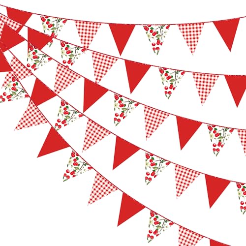 Image of Cherry Party Decorations Red Plaid Floral Cherries Pennant Banner Flag Hanging Paper Triangle Bunting for Birthday Wedding Bridal Shower Engagement Bachelorette Party Decorations Supplies