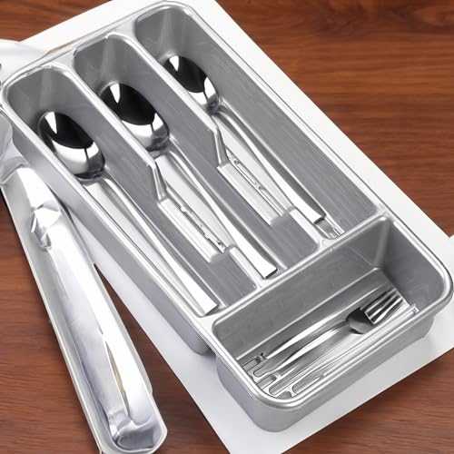 Small Tier Cutlery Tray Classic in Silver | BPA Free Plastic Drawer Organizer with 4 Compartments | Durable Kitchen Storage for Spoons Forks Knives Kids Cutlery | Space Saving Design - Image 5