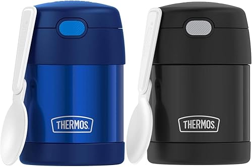 THERMOS FUNTAINER - Tarro de alimentos de acero inoxidable aislado al vacío de 10 onzas con cuchara plegable azul marino y FUNTAINER de acero