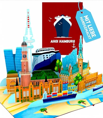 Liebessa - 3D Pop Up Karte Hamburg handgemacht aus hochwertigem Papier mit Sehenswürdigkeiten Notizkarte und Umschlag (HAMBURG)