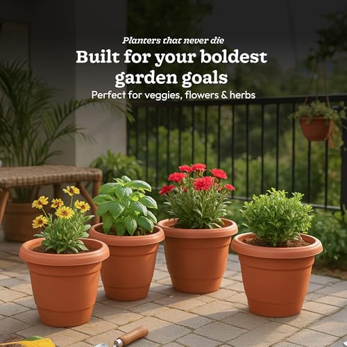 Image of UGAOO Cosmos Flower Pots - 8 Inch, Set of 12 | Terracotta Color, Round, Durable, UV-Resistant Plastic Planters for Balcony, Terrace & Garden