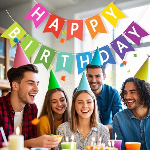 Image of Happy Birthday Banner Sign, Birthday Garland Wall Door Hanging Banners Flag for Women Men Boys Girls Party Backdrop Decorations, Personalized Name Banner White Letters Colorful