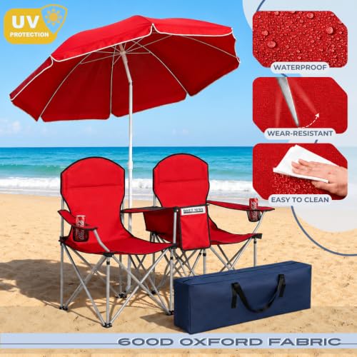 Sillas dobles CozyBox para campamento, plegables, portátiles, con paraguas, bolsa térmica y portavasos, para camping y pesca, color rojo miniatura 3