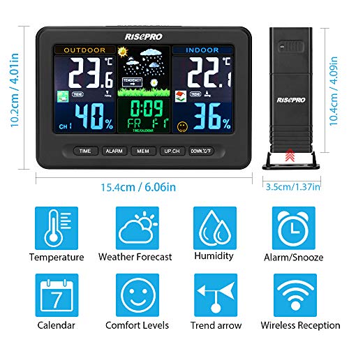RISEPRO Wireless Weather Station with Outdoor Remote Sensor in/Out Temperature and Humidity Alarm Clock Calendar Thermometer Forecaster with Color LCD Display