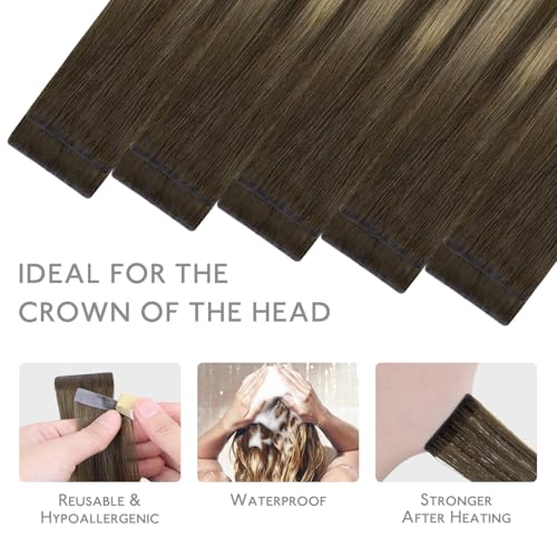 Image of WENNALIFE Invisi Edge Tape in Hair Extensions Human Hair,#4 /27 /4,22 Inch | 22 Inch 30g 10pcs Balayage Chocolate Brown to Caramel Blonde Invisi Remy Hair tensions Seamless Injected Straight