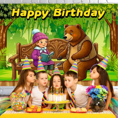 Image of Bear Theme Birthday Backdrop | Forest Friends Happy Birthday Banner | Cute Animal Party Decoration | Kids Photo Booth Background (Pack of 1, Size: 4x3 Feet)