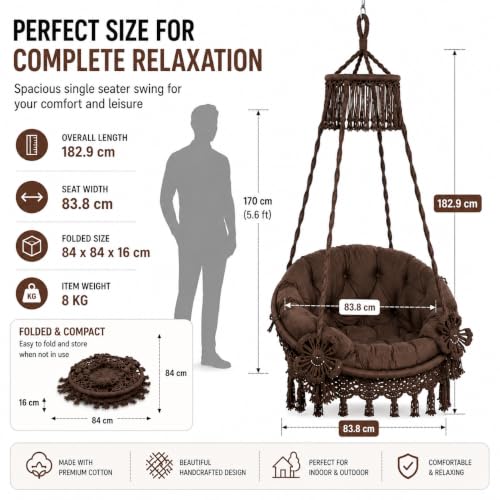 Image of Premium King Size Hammock Chair Swing with Cushion, 200kg Capacity | Indoor Outdoor Heavy Duty Adults & Kids Hanging Jhula for Home, Garden, Patio & Balcony | 1 Year Warranty (Brown)