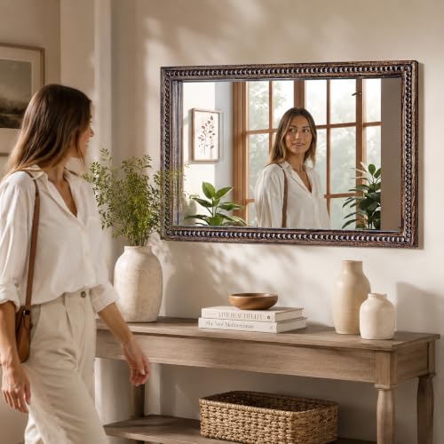 Image of Wooden Bathroom Wall Mirror,Solid Frame Vanity Mirror,36x24x1.25 inch Burnt