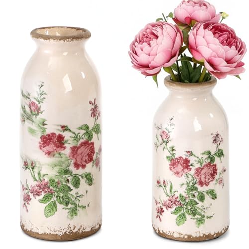 Covzoe Set of 2 Vintage Small Ceramic Vase, Retro Rose