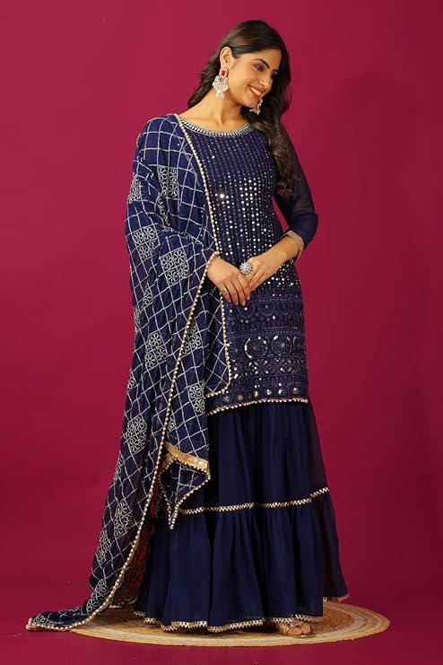 Image of Women's Designer Chinon Silk Sharara Suit Set, Sequence Embroidery Kurti with Tiered Sharara and Dupatta