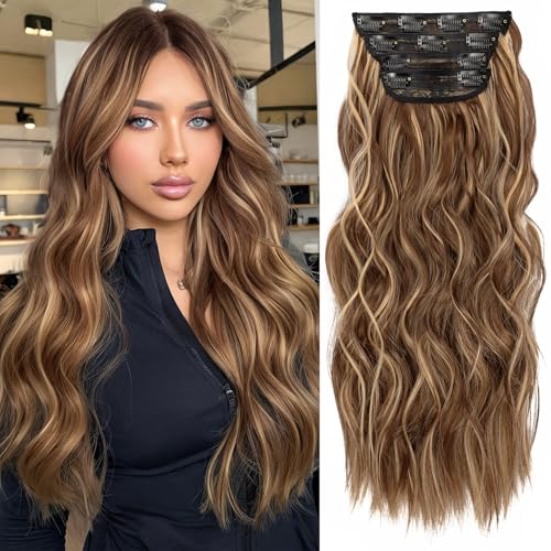 Image of KooKaStyle Clip in Synthetic Hair Extensions Long Wavy 4PCS Honey Blonde Mixed Light Fiber Double Weft Natural Hair Extensions 20 Inch for Women