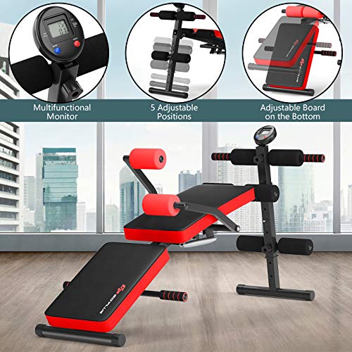 Goplus Adjustable Sit Up Bench, Foldable Utility Weight Bench w/LCD Monitor Flat/Incline/Decline Exercise Multi-Purpose Bench for Home, Gym and Office (Red)