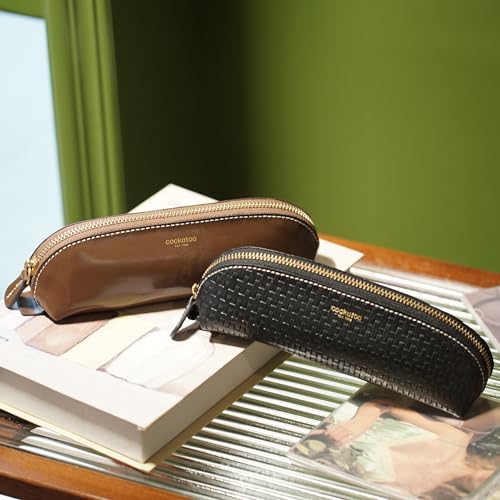 Image of Cockatoo Genuine Leather Pencil Pouch, Accessories holder, Stationery Bag, Zippered Pen Case for Work & Office (Cappuccino)