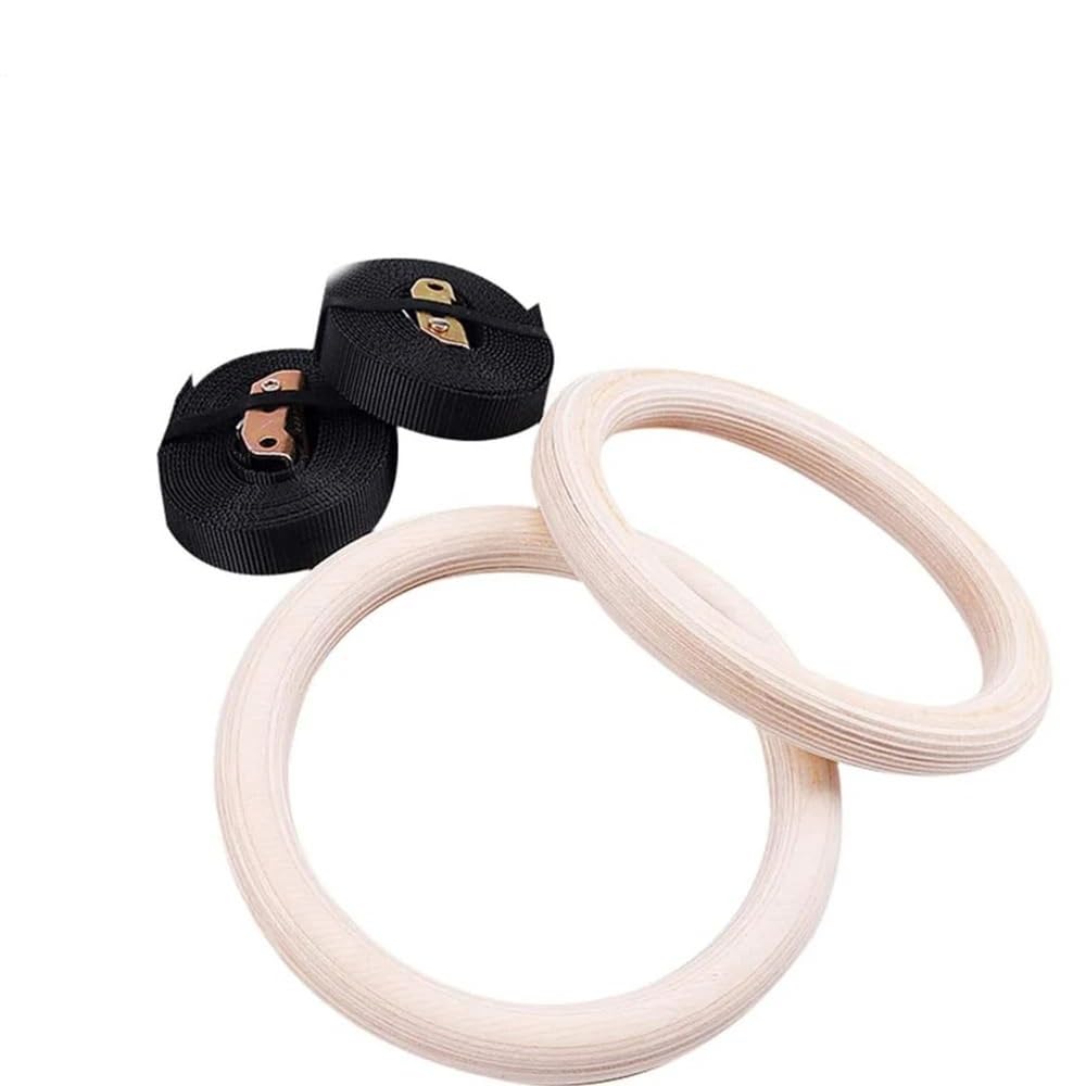Anillas Gimnasia 28 Anillas de Gimnasia de Madera de 32 mm con Correas Ajustables con Hebilla de Leva, Equipo de Gimnasio for el hogar, Equipo de Entrenamiento de Fuerza.(32MM with Straps)