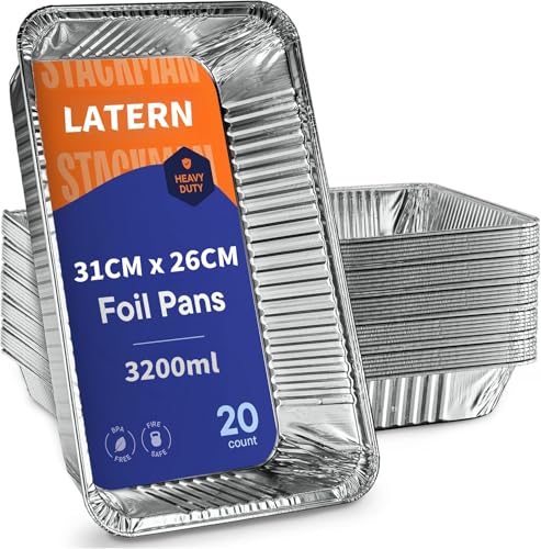 LATERN 20 Piezas Bandejas para Hornear de Papel de Aluminio, 31 x 26 x 5CM Bandejas Desechables para Asar Apto para Horno y Congelador Cocinar Hornear Sartenes para Asar para Servir Comida en Fiestas